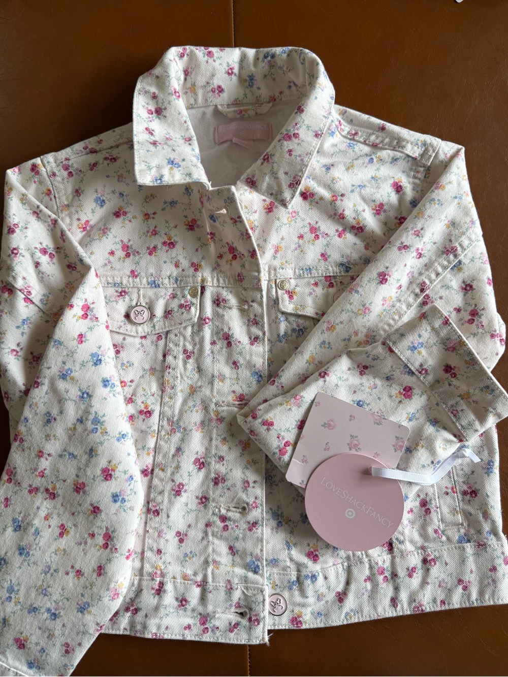 LoveShackFancy x Target NWT Cream Floral Jean Jacket Pink & Blue Blooms 10/12 L
